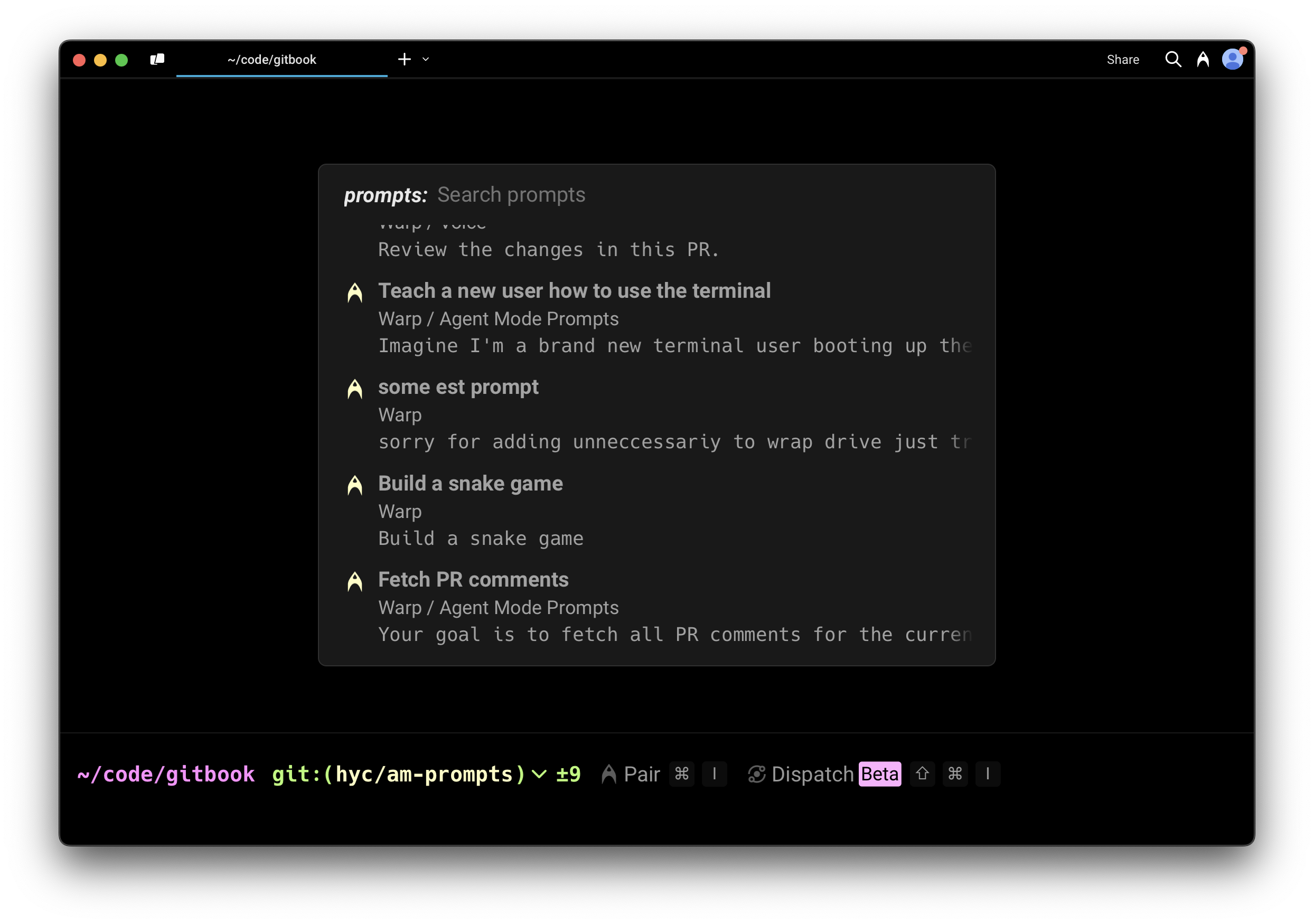 Command Palette interface showing a search for Prompts with results displayed