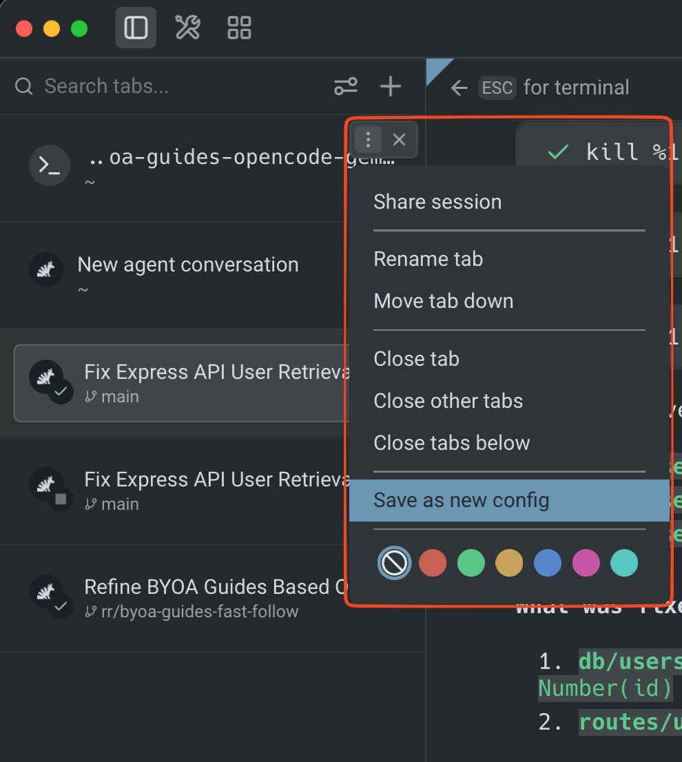 Tab context menu in Warp's vertical tabs panel with Save as new config highlighted