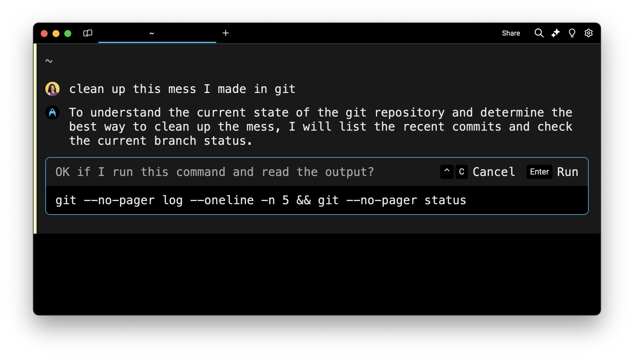 Warp AI asks permission to run a command and read the output.