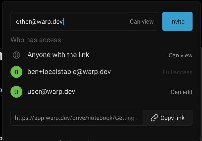 A sharing dialog showing that anyone with the link can view, the owner has full access, and another user can edit.
