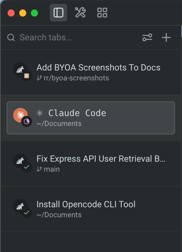 Vertical tabs sidebar with four tab rows showing different agent status badges: a yellow blocked square, a magenta in-progress moon on the Claude Code brand icon, and green completion checks