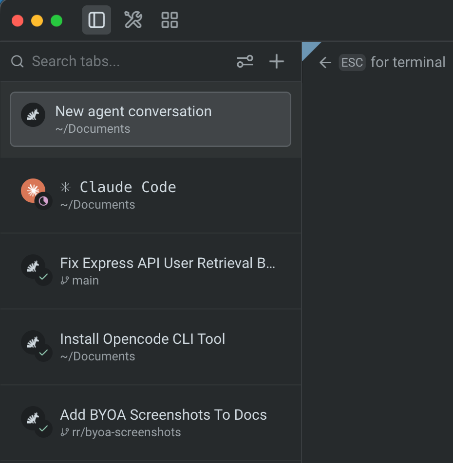 Vertical tabs sidebar in compact mode with each pane row showing an icon, title, and a short subtitle below