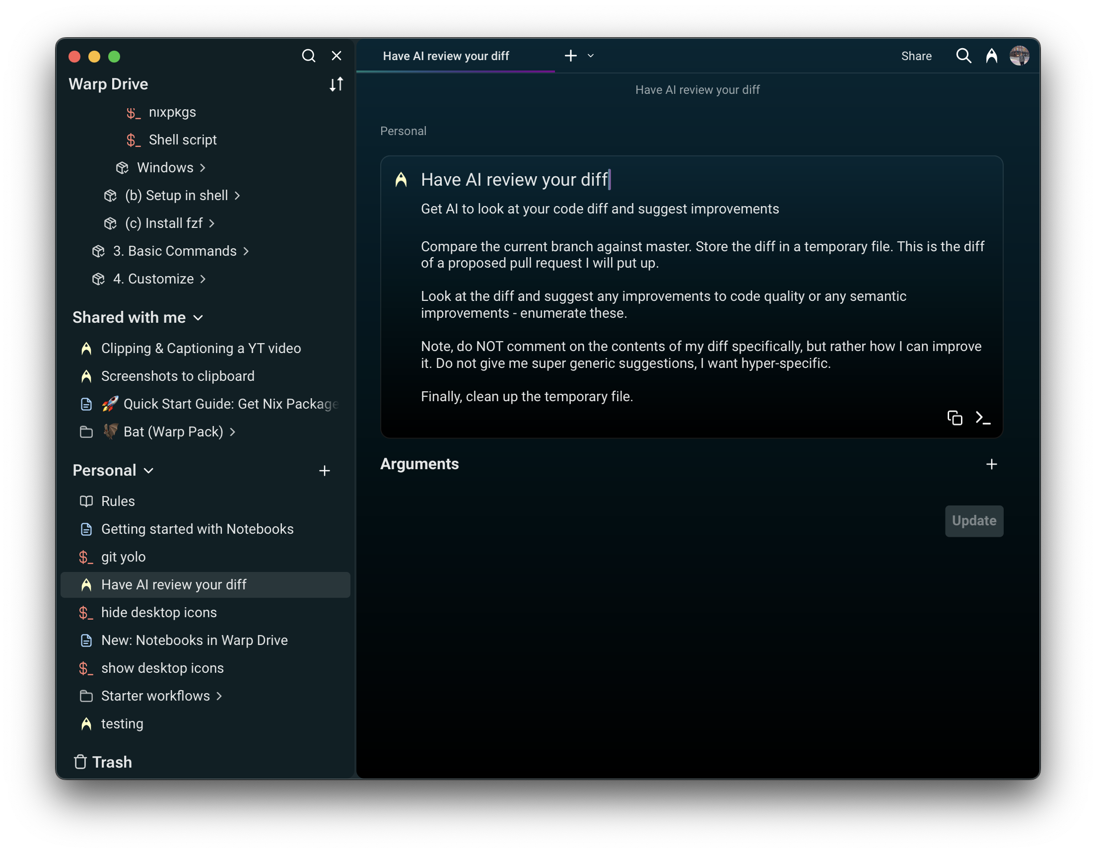 View of the Prompt editor interface showing the edit form with fields for name, query, description, and arguments