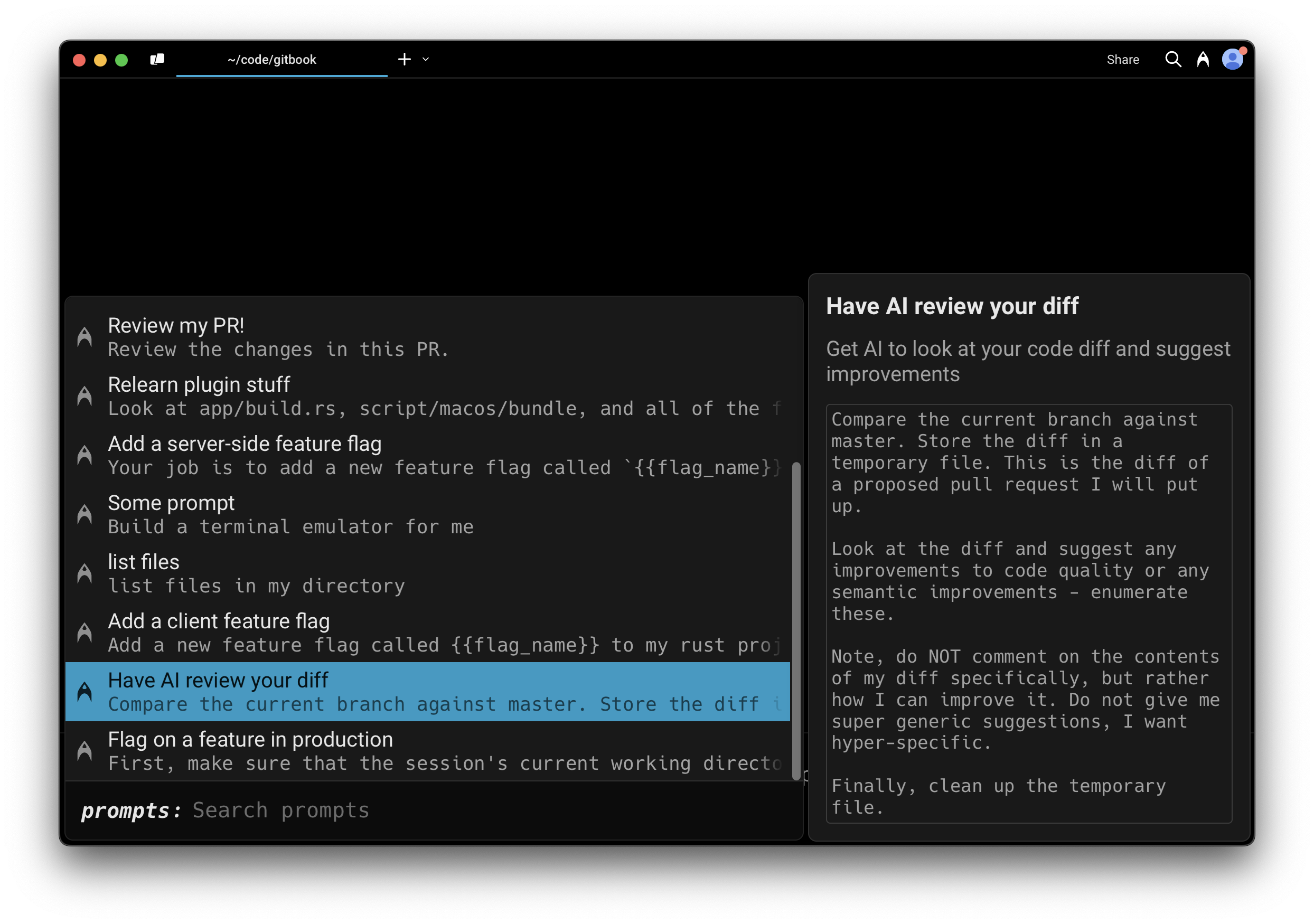 Command Search interface showing a search for Prompts with results displayed