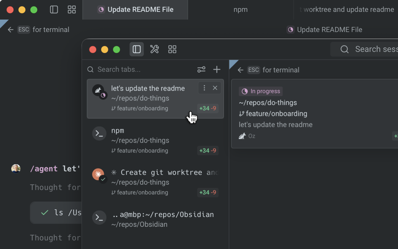 Vertical tab rows in expanded mode showing titles, working directories, Git branches, diff stats, and agent status badges