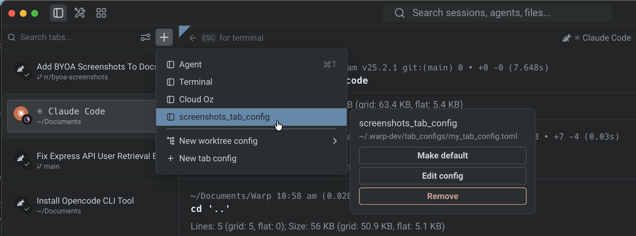 Warp's + menu open with a saved screenshots_tab_config entry highlighted, and a sidecar panel showing Make default, Edit config, and Remove action buttons