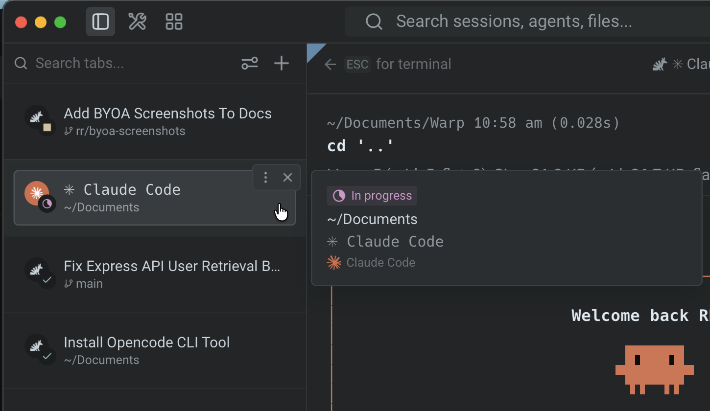 The vertical tabs panel with a Claude Code tab hovered, showing a floating detail card with the agent's In progress status, working directory, and session title