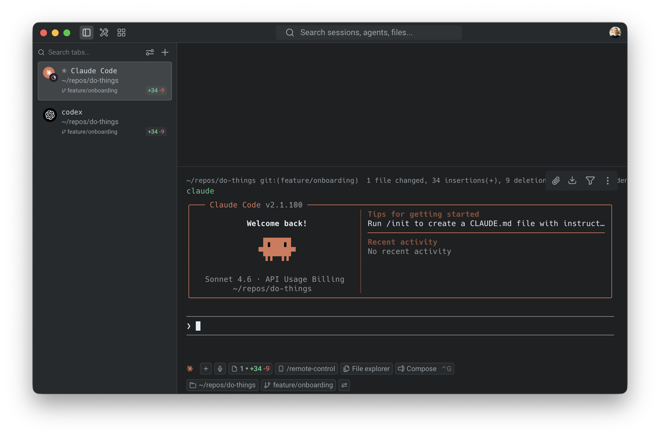 A Warp window with the vertical tabs sidebar on the left listing a Claude Code tab and a codex tab alongside the main terminal pane